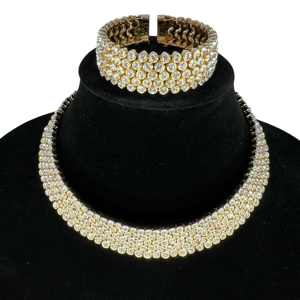 Gold Tone Rhinestone Collar Choker Cuff Necklace and Matching Cuff Bracelet